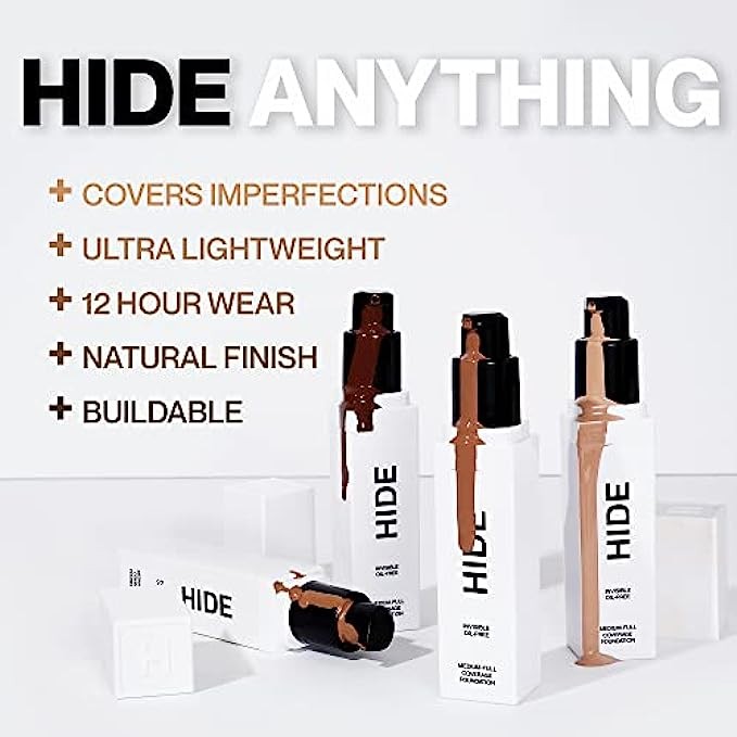 HIDE Liquid Foundation, SEE SHADE FINDER Below for a Perfect Match, Multi-Use Waterproof Foundation, Premium Lightweight Medium/Full Coverage Foundation, Oil Free – We Have a Shade For All Skin Types,