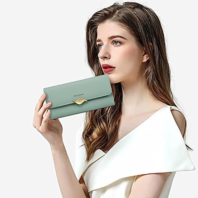 Roulens Wallet for Women RFID Blocking PU Leather Leaf Pendant Card Holder Phone Checkbook Organizer Zipper Coin Purse